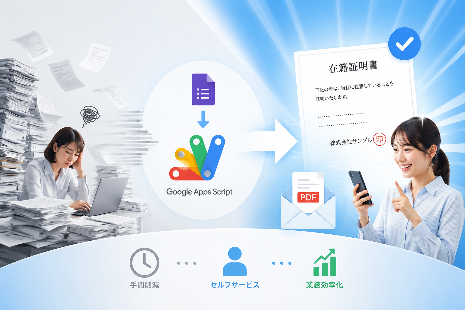 書類の山に埋もれ対応に追われる総務担当者の様子から、GoogleフォームとGoogle Apps Scriptを経由して在籍証明書のPDFが自動生成され、スマートフォンで受け取った社員が満足そうにしているセルフサービス化のイメージ図