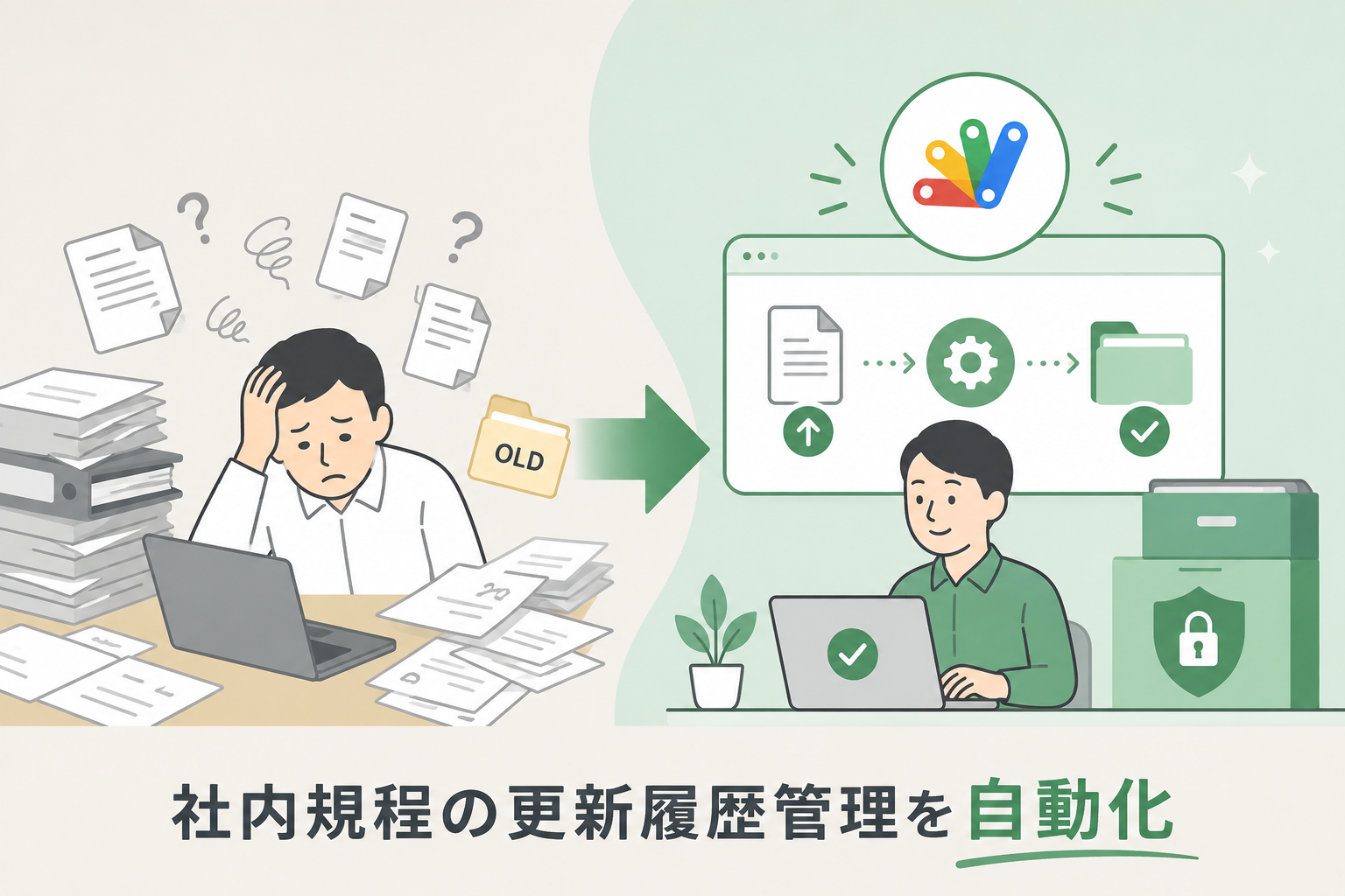 山積みの書類や「OLD」フォルダを前に頭を抱える担当者から、Google Apps Scriptのアイコンのもとファイルのアップロード・自動処理・フォルダへの格納までが一本の流れで進み、担当者が安心してパソコンに向かう仕組みへと変わる様子を示すイメージ図