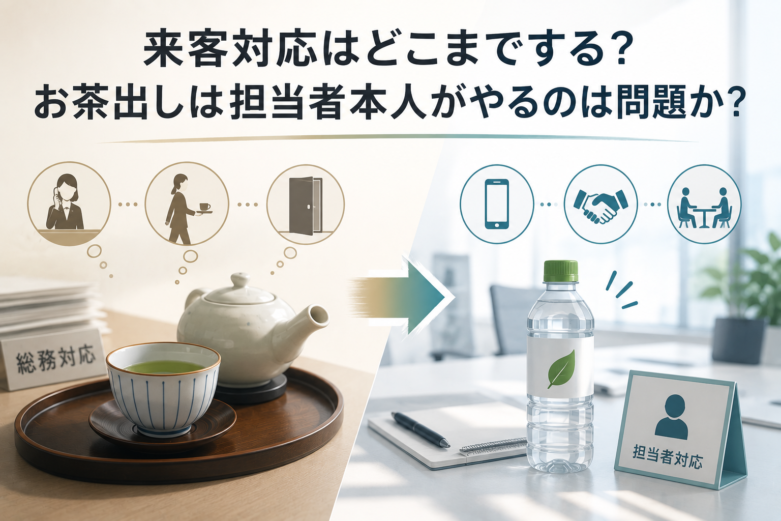 会議室のテーブルにお茶と水のペットボトルをトレーごと置く女性社員と、「セルフサービス」と書かれた卓上サインの手前で、総務担当者から営業担当者へ矢印とペットボトルのアイコンとともにお茶出し対応が引き継がれる様子を示すイメージ図