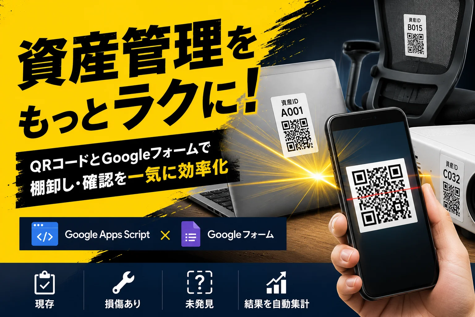 ノートパソコンや椅子、社用車などに貼られたQRコードのラベルをスマートフォンで読み取ると、資産IDが入力済みのGoogleフォームが表示され、現存・損傷あり・紛失未発見のいずれかを選択するだけで棚卸しが完了する様子を示すイメージ図