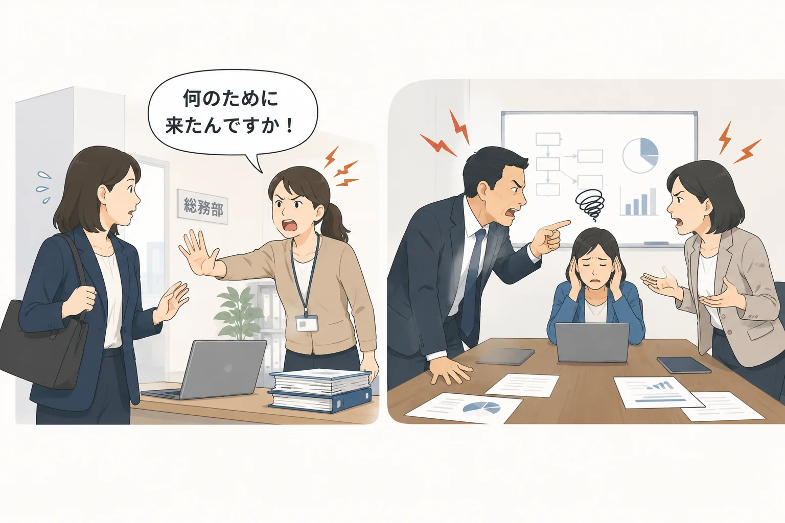 業務ヒアリングに訪れた担当者が総務部の社員に「何のために来たんですか！」と怒鳴られている様子と、会議室で上司と現場社員が険しい表情で言い争っている様子を描いたイラスト