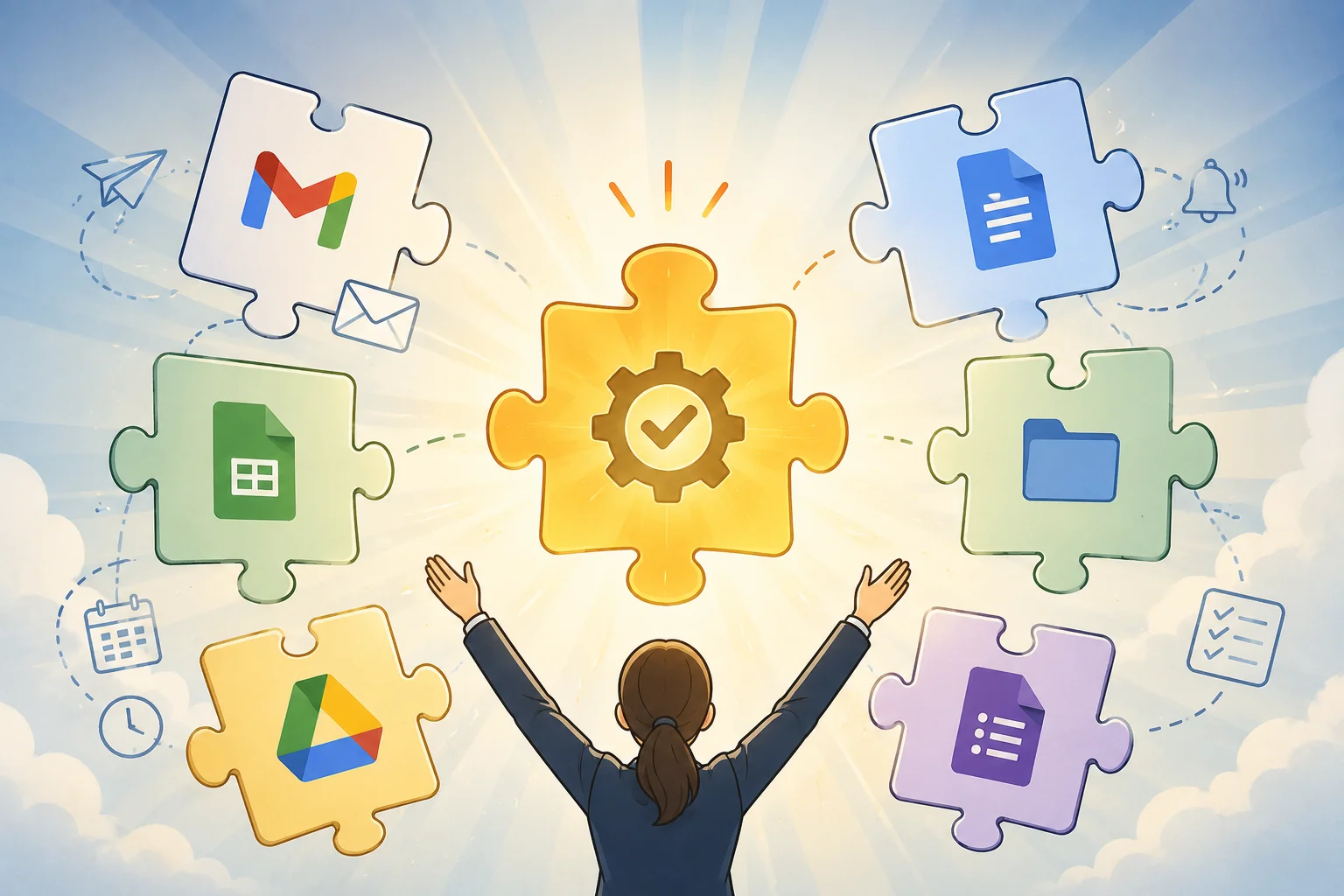 Gmail・Docs・Sheets・Drive・Formsなど複数のGoogle Workspaceアイコンが描かれたパズルのピースが中央の歯車とチェックマークのピースへつながり、その前で担当者が両手を上げて喜んでいるイメージ図