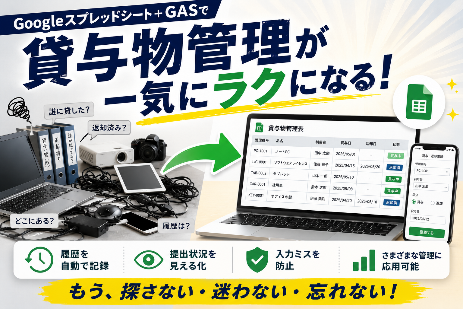 ノートPC・カメラ・タブレット・社用車の鍵などが誰にどれだけ貸与されているか分からず散らかっている状態から、GoogleスプレッドシートとGASを使った貸与物管理表・貸与返却登録フォームによって履歴の自動記録と状況の見える化が実現するイメージ図
