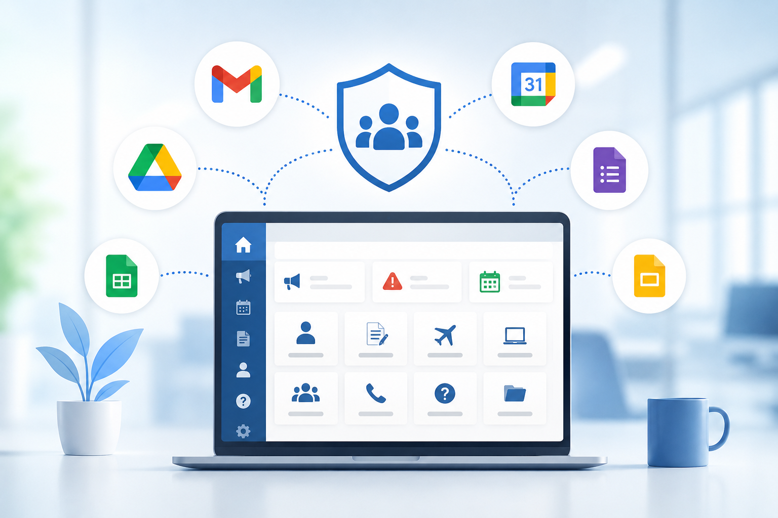 ノートパソコンに表示された社内イントラサイトのトップページを中心に、盾のアイコンとともにGmail・Googleドライブ・Googleカレンダー・スプレッドシート・ドキュメント・スライドなどGoogle Workspace各サービスのアイコンが線でつながっている様子を示すイメージ図