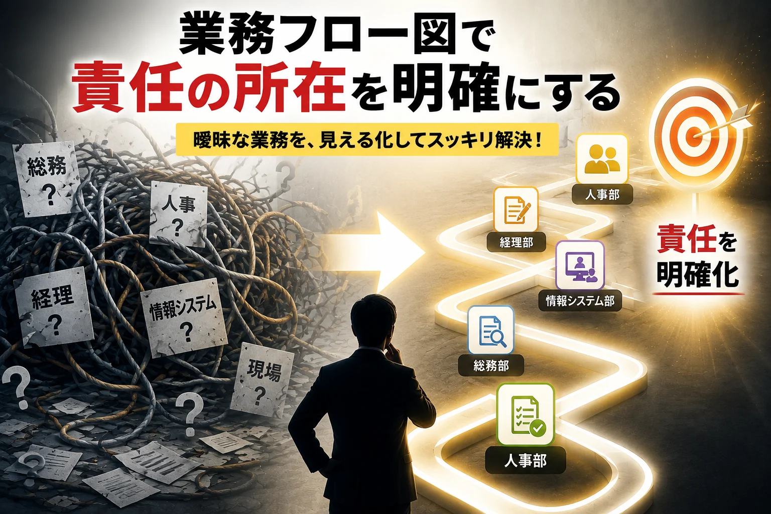 総務・人事・経理・情報システム・現場と書かれた付箋が絡まった配線の山を前に頭を抱える担当者から、光る道の先にある人事部・経理部・情報システム部・総務部のアイコンと的を射抜く矢を経て「責任を明確化」という文字へ向かうイメージ図