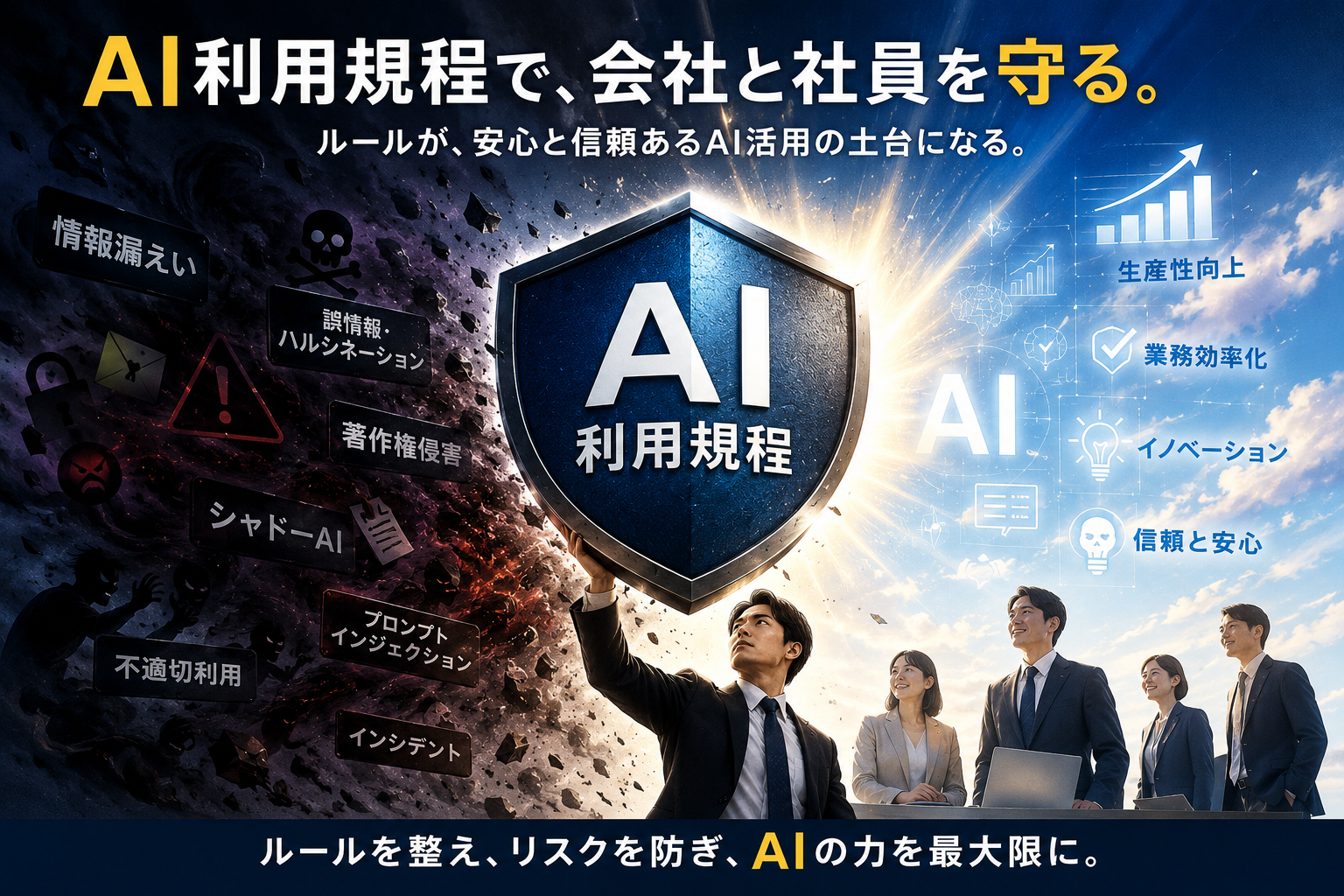 崩れ落ちる情報漏えいやハルシネーション、著作権侵害などのリスクを盾で防ぎ、生産性向上や業務効率化といった明るい未来へ向かう社員たちのイメージ図。盾には「AI利用規程」の文字