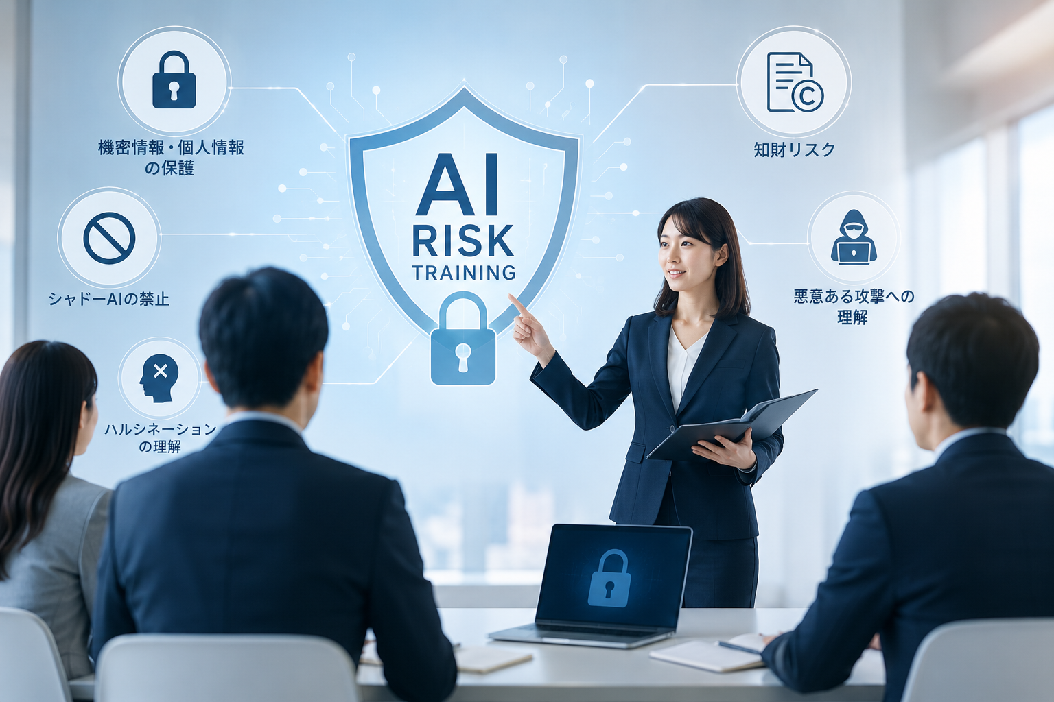 機密情報漏えい、シャドーAI、ハルシネーション、著作権・知財、プロンプトインジェクションといったAIのリスクを社員が研修で学んでいるイメージ図