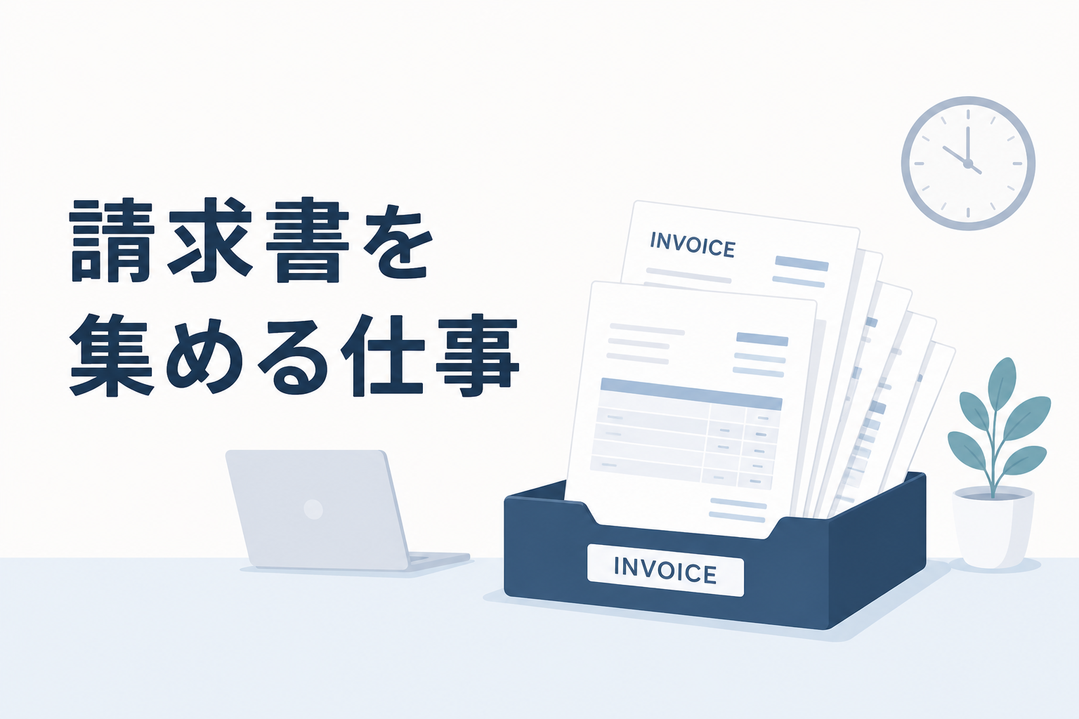 ノートパソコンの隣に置かれた「INVOICE」と書かれたトレイに請求書が積み重なっている様子と、「請求書を集める仕事」という見出しのイメージ図