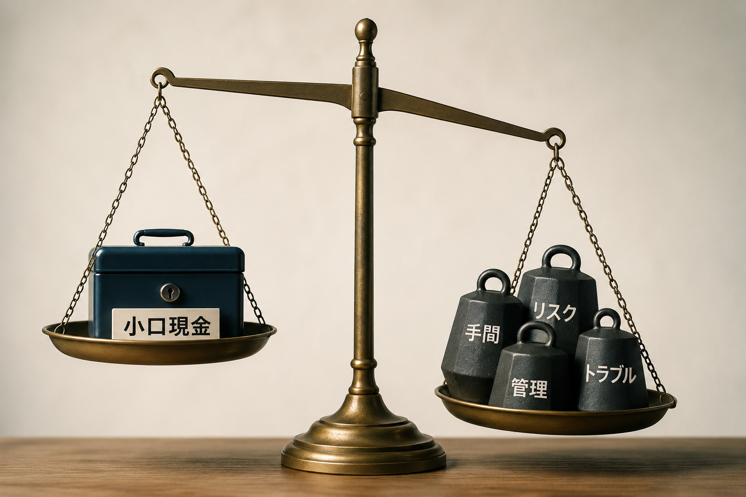 天秤の片側に「小口現金」と書かれた金庫、もう片側に「手間」「リスク」「管理」「トラブル」と書かれた重りが乗り、後者に傾いている様子のイメージ図