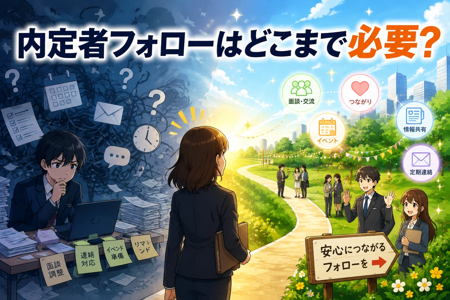 「内定者フォローはどこまで必要？」というタイトルとともに、面談調整・連絡対応・イベント準備などのメモに囲まれ考え込む総務担当者と、面談交流・つながり・イベント・情報共有・定期連絡のアイコンが並ぶ先で内定者たちと笑顔で向き合う総務担当者を描いたイメージ図