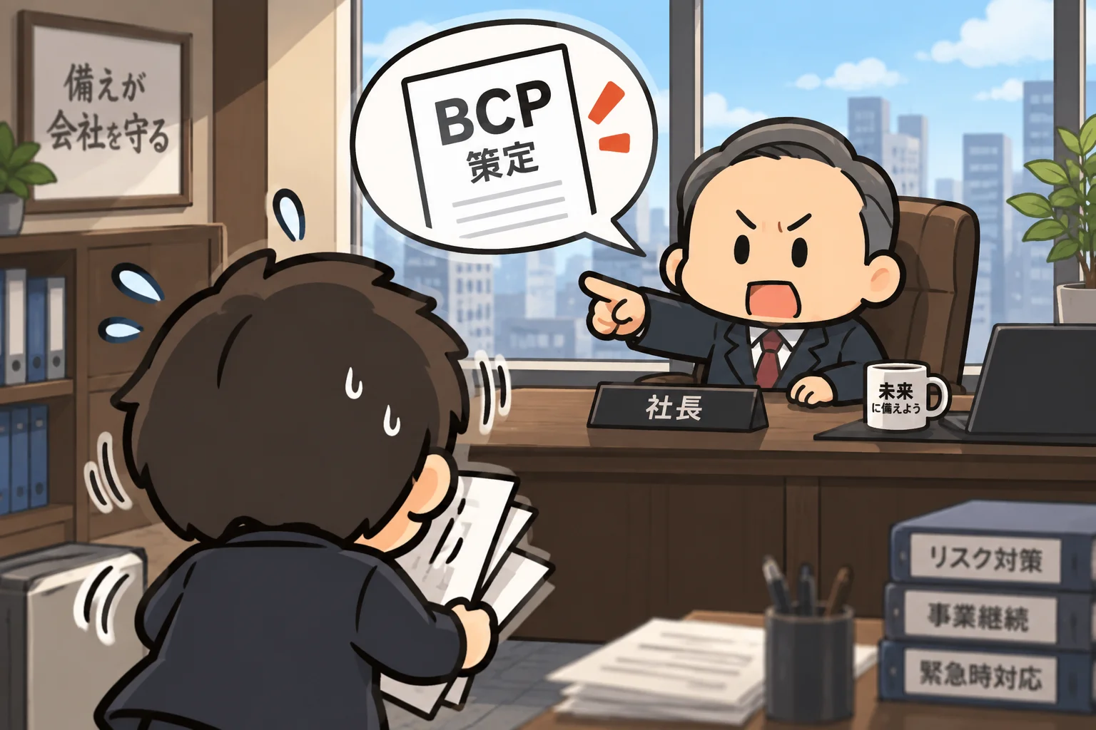 シリーズ｜総務の底力 第8回「BCPを策定しろと言われたら」というタイトルとともに、社長から「BCP策定」を指示され驚く総務担当者と、壁に貼られた「備えが会社を守る」という額を描いたイメージ図