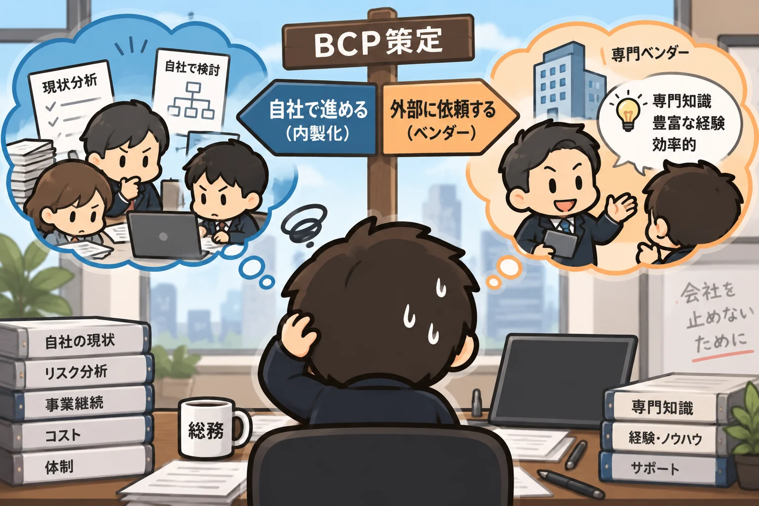 BCP策定を「自社で進める（内製化）」か「外部に依頼する（ベンダー）」かの分岐点で、総務担当者が悩む様子を描いたイメージ図
