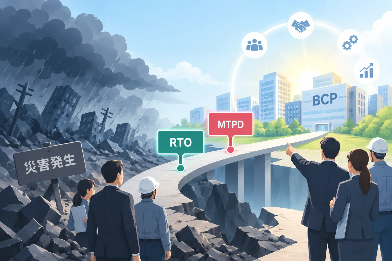 災害発生で崩れた足場からRTO・MTPDの標識が立つ橋を渡り、BCPと書かれた復興後の街へ向かって総務担当者たちが進んでいく様子を描いたイメージ図