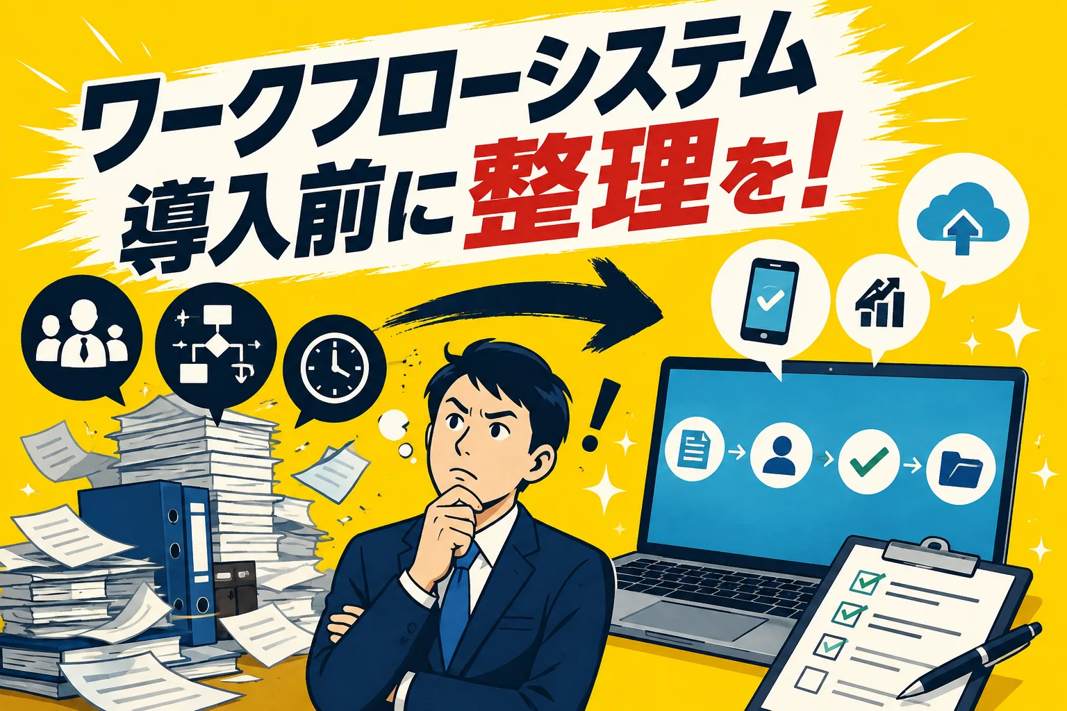 書類とファイルの山を前に思い悩む総務担当者から、申請・承認・チェック・保存の流れを示すノートパソコンとチェックリストへ矢印が伸びる「ワークフローシステム導入前に整理を！」のイメージ図