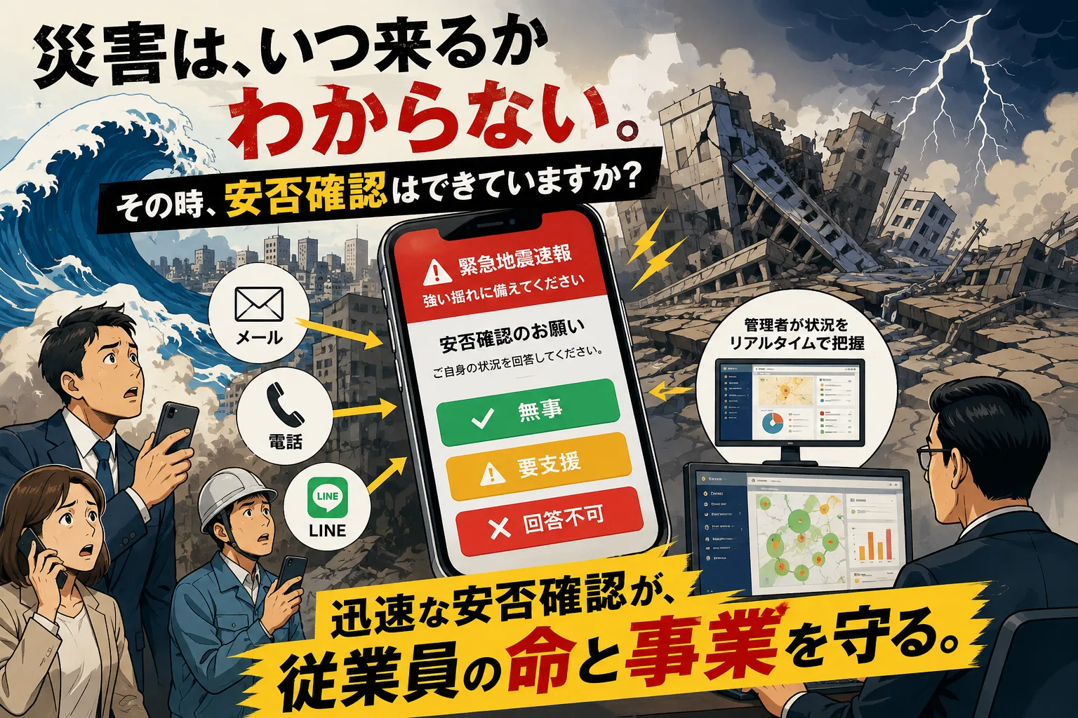 地震や津波で被災した街を背景に、メール・電話・LINEで安否確認に応じるスマートフォン画面と、管理者がダッシュボードで状況をリアルタイムに把握する様子を示す「迅速な安否確認が従業員の命と事業を守る」のイメージ図