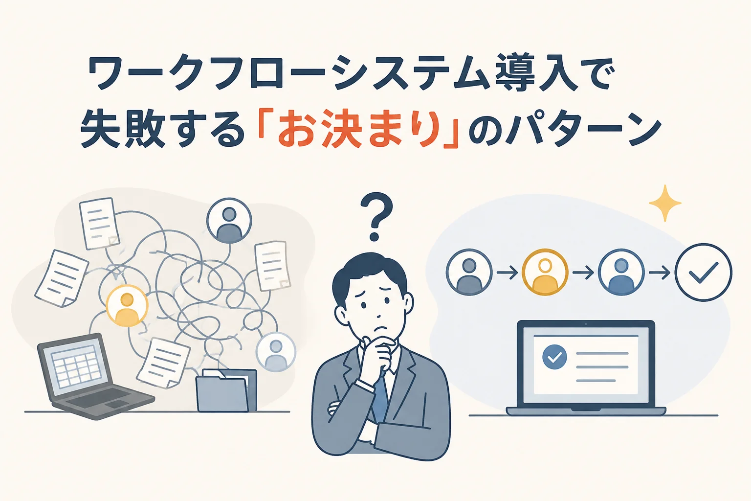 書類とチェックリストが複雑に絡み合う「運用」の山を前に悩む総務担当者と、人から人へシンプルに承認が流れて完了する「システム」の対比を示す「ワークフローシステム導入で失敗する『お決まり』のパターン」のイメージ図